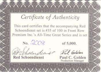 1995 Front Row Premium All-Time Greats Red Schoendienst #NNO Certificate of Authenticity Front