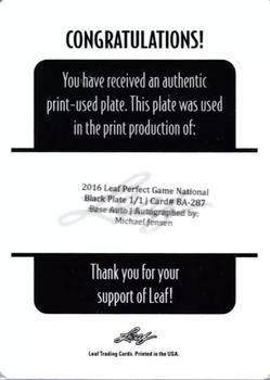 2016 Leaf Perfect Game National Showcase - Autographs Printing Plates Black #BA-287 Michael Jensen Back