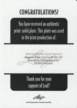 2016 Leaf Perfect Game National Showcase - Autographs Printing Plates Magenta #BA-155 Zachary DeLoach Back