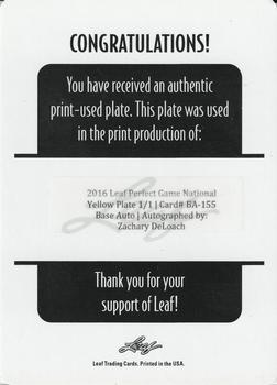 2016 Leaf Perfect Game National Showcase - Autographs Printing Plates Yellow #BA-155 Zachary DeLoach Back
