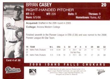 2008 MultiAd Idaho Falls Chukars #4 Bryan Casey Back