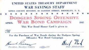 1943 US Treasury War Bonds #NNO Brooklyn Team Photo Back