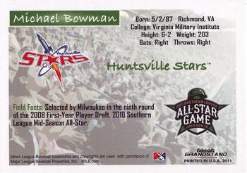 2011 Grandstand Southern League All-Stars North Division #NNO Michael Bowman Back