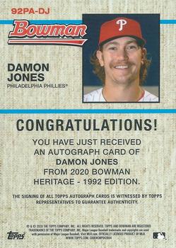 2020 Bowman Heritage - Chrome Prospect Autographs #92PA-DJ Damon Jones Back