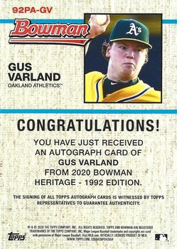 2020 Bowman Heritage - Chrome Prospect Autographs #92PA-GV Gus Varland Back