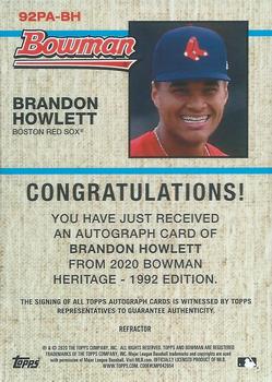 2020 Bowman Heritage - Chrome Prospect Autographs Refractor #92PA-BH Brandon Howlett Back