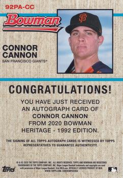 2020 Bowman Heritage - Chrome Prospect Autographs Gold #92PA-CC Connor Cannon Back
