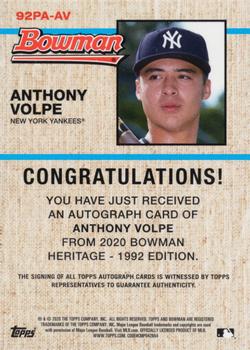 2020 Bowman Heritage - Chrome Prospect Autographs Orange #92PA-AV Anthony Volpe Back