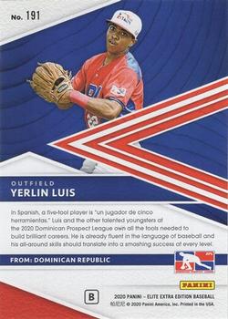 2020 Panini Elite Extra Edition - Prime Numbers B #191 Yerlin Luis Back