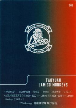 2016 Lamigo Monkeys #008 Feng-Hsin Wang Back