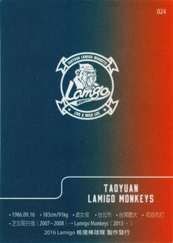 2016 Lamigo Monkeys #024 Po-Yu Lin Back