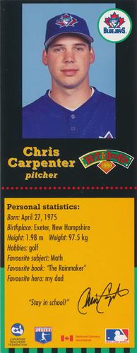 1999 Hit the Books Bookmarks Toronto Blue Jays #NNO Chris Carpenter Front