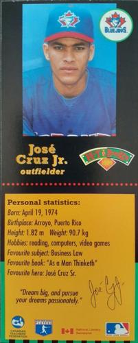 1999 Hit the Books Bookmarks Toronto Blue Jays #NNO José Cruz Jr. Front