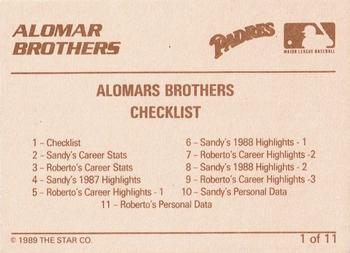 1989 Star Alomar Brothers - Glossy #1 Roberto Alomar / Sandy Alomar Jr. Back