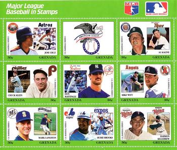1988 Grenada Baseball Stamps - Sheets #NNO Jose Cruz / AL Logo / Al Kaline / Chuck Klein / Don Mattingly / Mike Witt / Mark Langston / Hubie Brooks / Harmon Killebrew Front