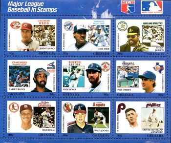 1988 Grenada Baseball Stamps - Sheets #NNO Johnny Bench / Dave Stieb / Reggie Jackson / Harold Baines / Wade Boggs / Pete O'Brien / Stan Musial / Wally Joyner / Grover Cleveland Alexander Front