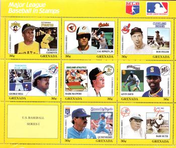1988 Grenada Baseball Stamps - Sheets #NNO Roberto Clemente / Cal Ripken Jr. / Bob Feller / George Bell / Mark McGwire / Alvin Davis / Dan Quisenberry / Babe Ruth Front