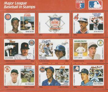 1988 Grenada Baseball Stamps - Sheets #NNO Ernie Banks / NL Logo / Julio Franco / Jack Morris / Fernando Valenzuela / Lefty Grove / Ted Williams / Darryl Strawberry / Dale Murphy Front