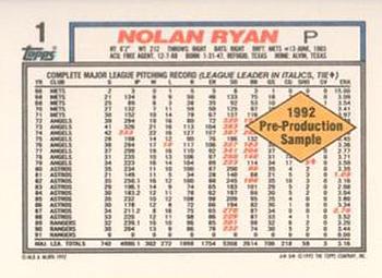 1992 Topps - Pre-Production Samples (Diamond) Panel Singles #1 Nolan Ryan Back