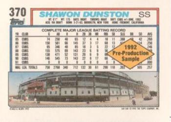 1992 Topps - Pre-Production Samples (Diamond) Panel Singles #370 Shawon Dunston Back