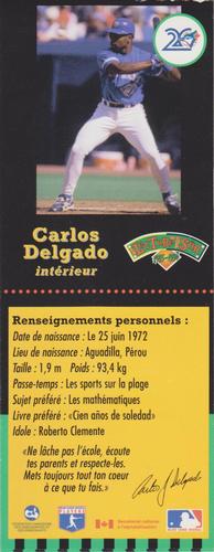 1995-96 Hit the Books Toronto Blue Jays Bookmarks #NNO Carlos Delgado Back