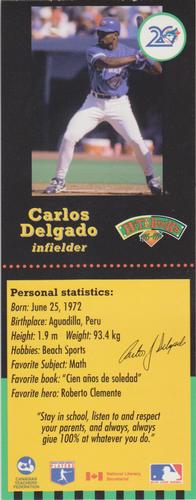 1995-96 Hit the Books Toronto Blue Jays Bookmarks #NNO Carlos Delgado Front