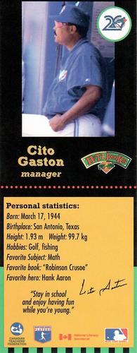 1995-96 Hit the Books Toronto Blue Jays Bookmarks #NNO Cito Gaston Front