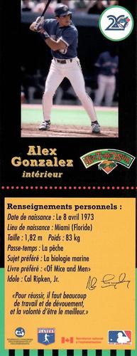 1995-96 Hit the Books Toronto Blue Jays Bookmarks #NNO Alex Gonzalez Back
