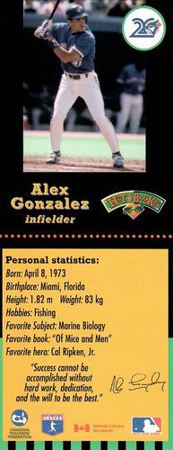 1995-96 Hit the Books Toronto Blue Jays Bookmarks #NNO Alex Gonzalez Front