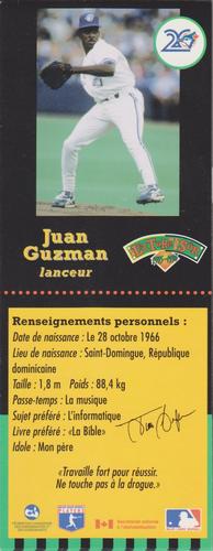 1995-96 Hit the Books Toronto Blue Jays Bookmarks #NNO Juan Guzman Back