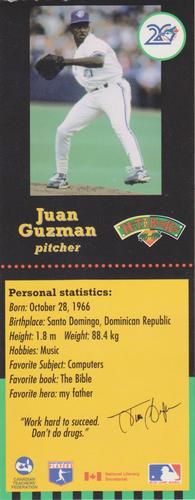 1995-96 Hit the Books Toronto Blue Jays Bookmarks #NNO Juan Guzman Front