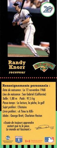 1995-96 Hit the Books Toronto Blue Jays Bookmarks #NNO Randy Knorr Back