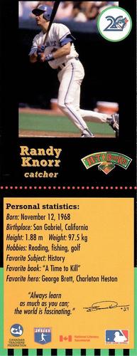 1995-96 Hit the Books Toronto Blue Jays Bookmarks #NNO Randy Knorr Front