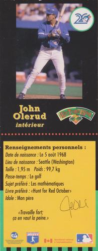 1995-96 Hit the Books Toronto Blue Jays Bookmarks #NNO John Olerud Back