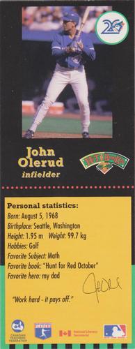 1995-96 Hit the Books Toronto Blue Jays Bookmarks #NNO John Olerud Front