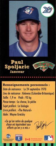 1995-96 Hit the Books Toronto Blue Jays Bookmarks #NNO Paul Spoljaric Back