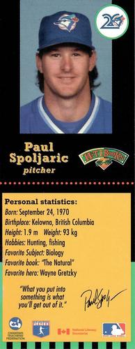1995-96 Hit the Books Toronto Blue Jays Bookmarks #NNO Paul Spoljaric Front