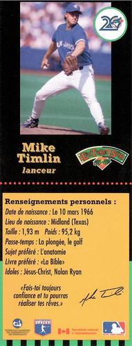 1995-96 Hit the Books Toronto Blue Jays Bookmarks #NNO Mike Timlin Back