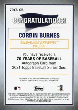 2021 Topps - 70 Years of Baseball Autographs #70YA-CB Corbin Burnes Back