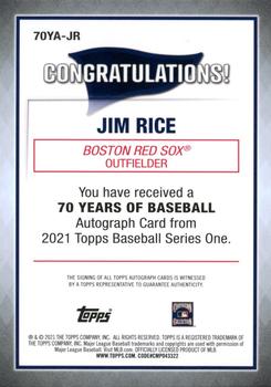 2021 Topps - 70 Years of Baseball Autographs #70YA-JR Jim Rice Back