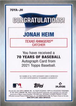 2021 Topps - 70 Years of Baseball Autographs #70YA-JH Jonah Heim Back