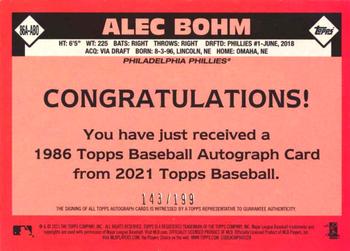 2021 Topps - 1986 Topps Baseball 35th Anniversary Autographs Black #86A-ABO Alec Bohm Back
