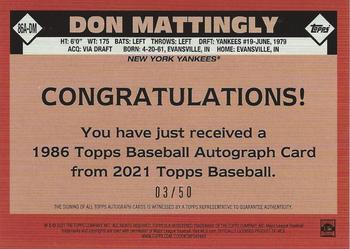 2021 Topps - 1986 Topps Baseball 35th Anniversary Autographs Gold #86A-DM Don Mattingly Back