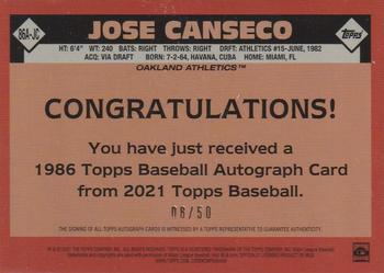 2021 Topps - 1986 Topps Baseball 35th Anniversary Autographs Gold #86A-JC Jose Canseco Back