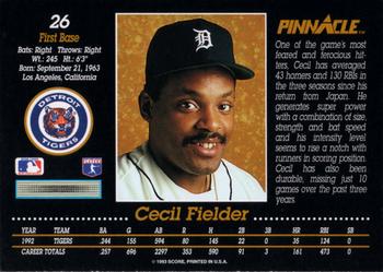 1993 Pinnacle #26 Cecil Fielder Back