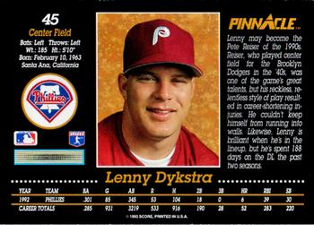 1993 Pinnacle #45 Lenny Dykstra Back