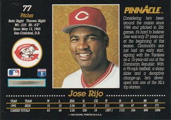 1993 Pinnacle #77 Jose Rijo Back