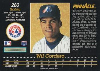 1993 Pinnacle #280 Wil Cordero Back