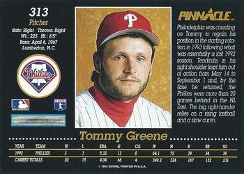 1993 Pinnacle #313 Tommy Greene Back