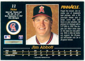1993 Pinnacle #11 Jim Abbott Back